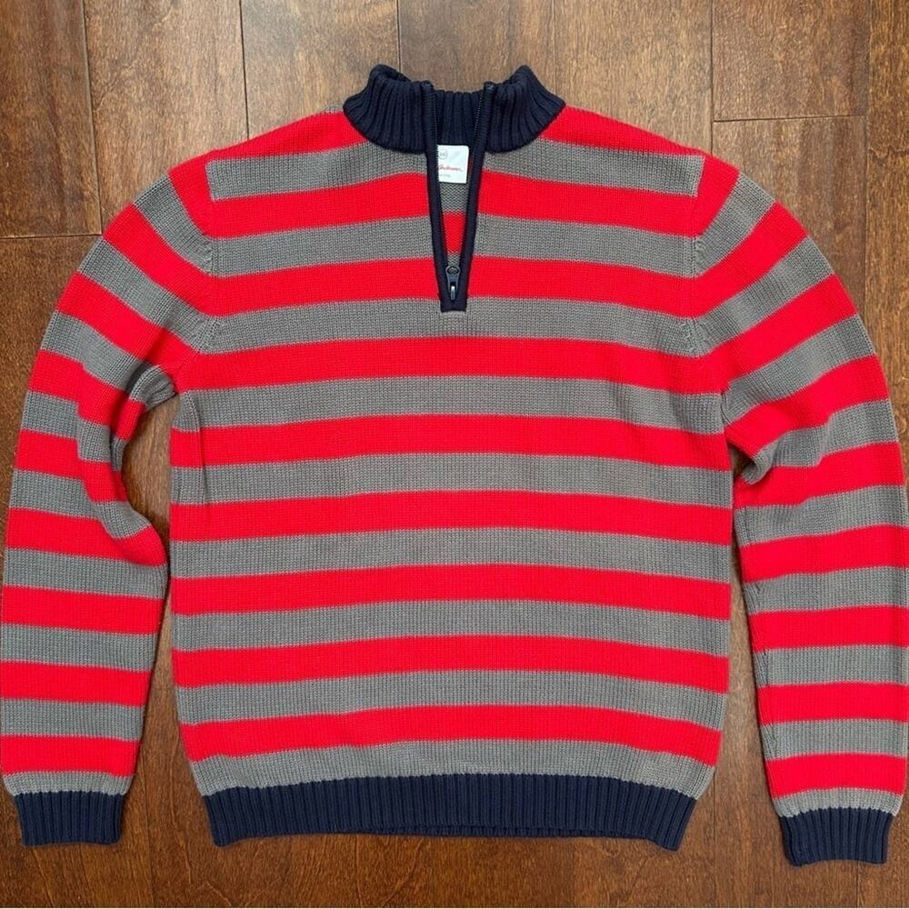 Hanna Andersson Boy’s Striped Red and Gray Knit Neck Zip Sweater, Size 14/16